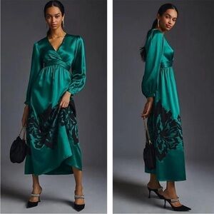Anthropologie Nikasha Embroidered Satin Maxi Dress Emerald Size XS NEW